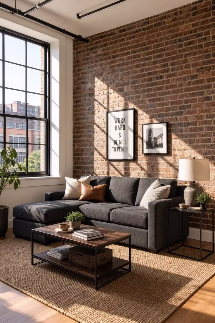 13 Bold Small Industrial Living Room Ideas for You 8 A compact charcoal sectional against an exposed brick accent wall in bright midday sunlight