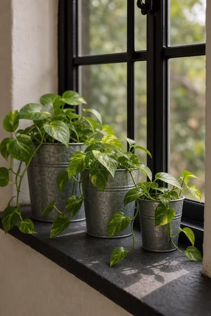 13 Bold Small Industrial Living Room Ideas for You 9 Three galvanized metal planters with trailing pothos on a slate windowsill in soft diffused light