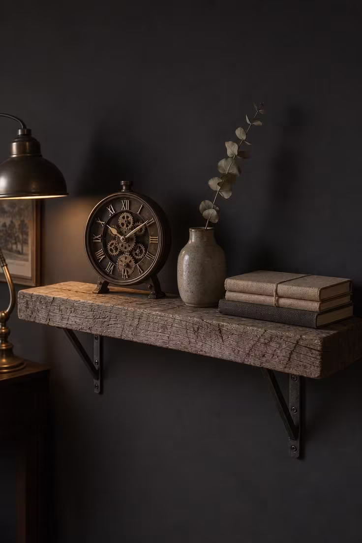 13 Bold Small Industrial Living Room Ideas for You 10 A reclaimed wood shelf with welded iron brackets holding a vintage clock and stoneware vase in moody low light