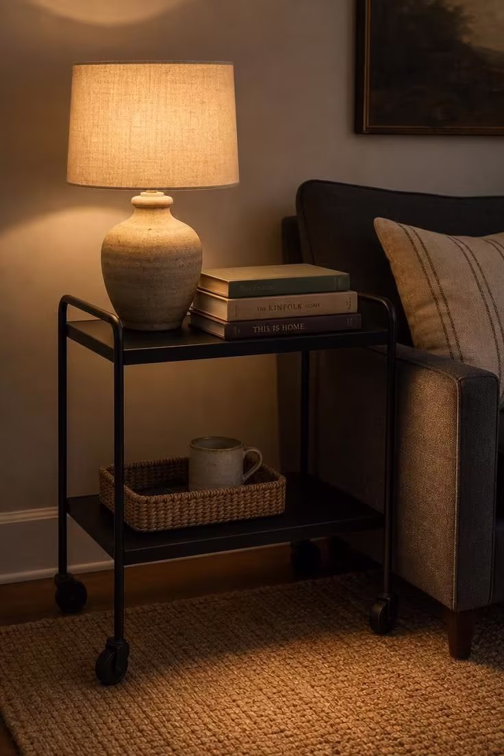 13 Bold Small Industrial Living Room Ideas for You 11 A matte-black rolling steel cart with a ceramic lamp and stacked books beside an armchair in warm golden light