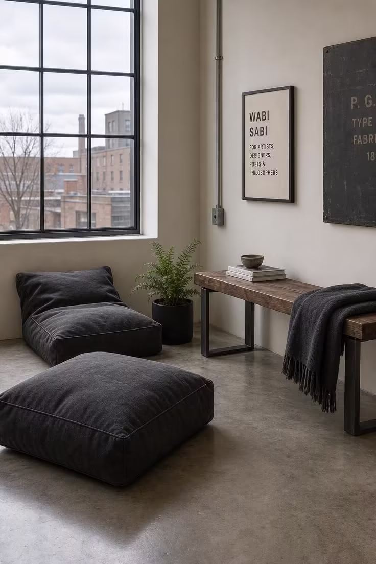 13 Bold Small Industrial Living Room Ideas for You 12 Charcoal canvas floor cushions beside a steel-leg walnut bench in a small industrial living room with cool overcast light