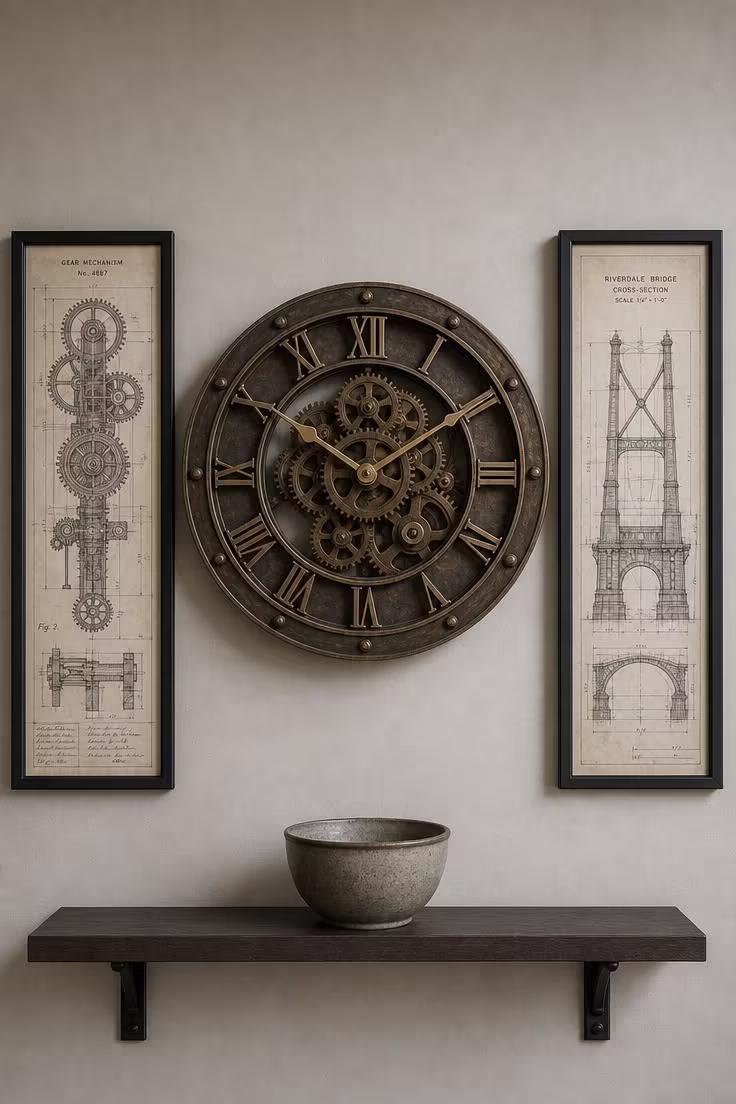13 Bold Small Industrial Living Room Ideas for You 13 A vintage gear clock and framed blueprint prints on a dove-toned wall in soft diffused light