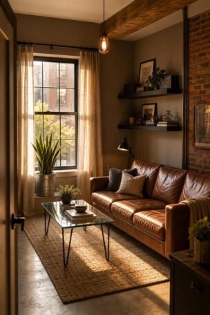 A small industrial living room with a leather sofa, glass coffee table, exposed brick, and Edison bulb pendant in warm golden afternoon light