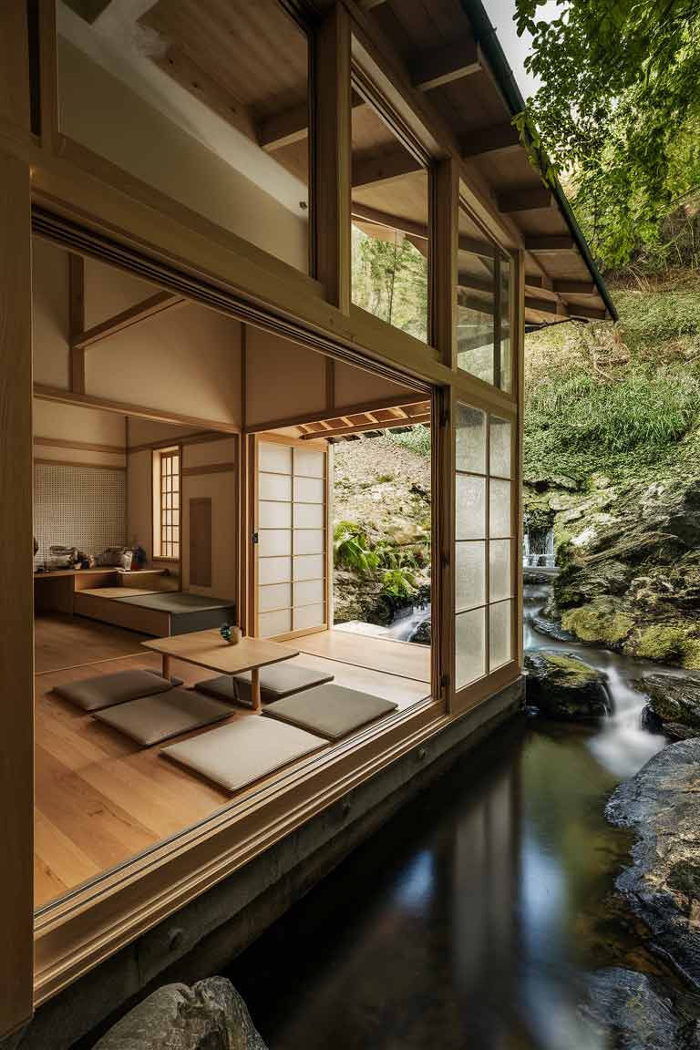 A Japanese tiny house interior featuring large windows and sliding glass doors that offer panoramic views of the outdoor landscape, blurring the boundaries between indoor and outdoor living.