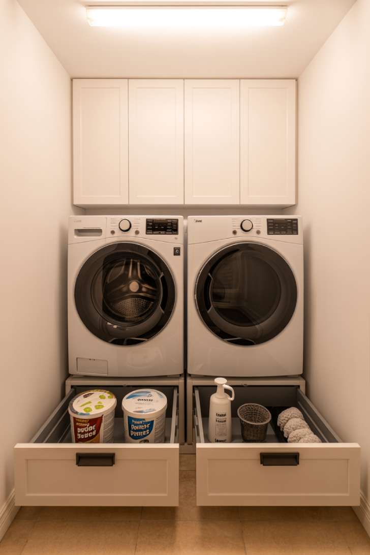 White front-loading washer and dryer on matching white pedestals with open drawers revealing organized laundry supplies