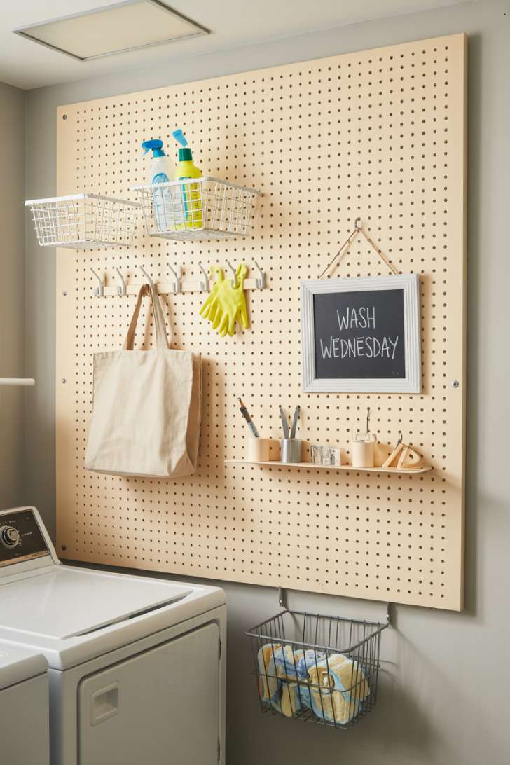 White pegboard command center mounted beside a dryer with wire baskets, hooks, and a small dry-erase board in a small laundry room