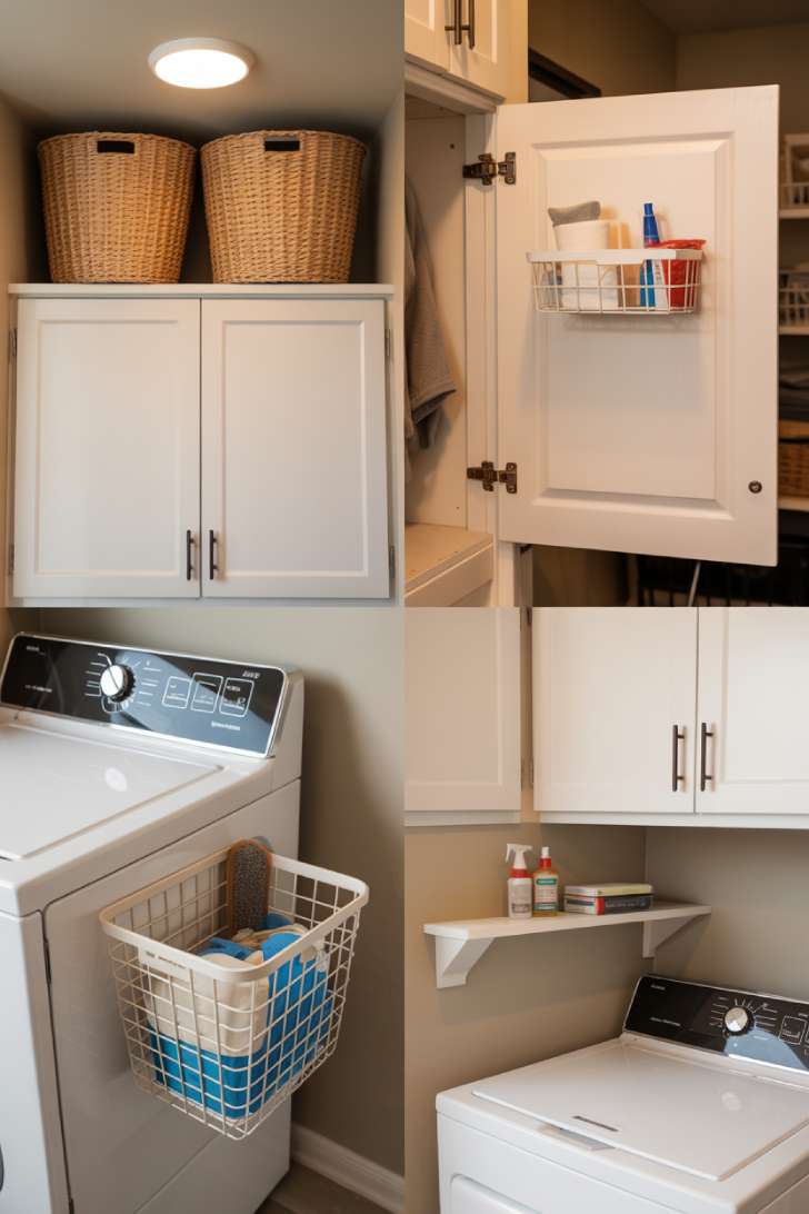 Four vignettes showing storage in overlooked laundry room spaces including above cabinets, inside cabinet doors, dryer side panels, and narrow wall gaps