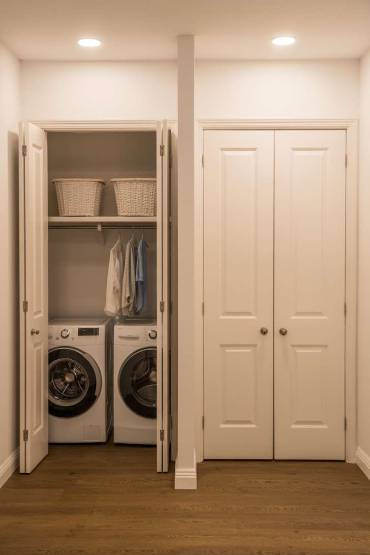 Laundry closet shown open revealing stacked machines and shelving, and closed with white bi-fold doors blending into hallway wall