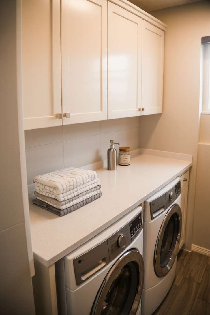 White quartz countertop folding station above grey front-loading washer and dryer with white cabinetry above