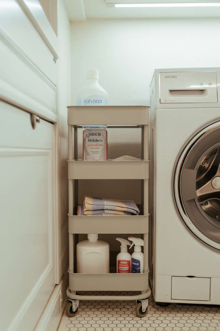 Slim white rolling cart tucked into the gap beside a washing machine holding detergent and laundry supplies