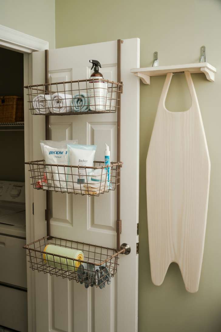 Back of white laundry room door fitted with over-door wire baskets holding laundry supplies and a wall-mounted ironing board