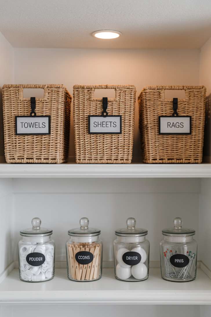 Labeled seagrass baskets and clear glass apothecary jars on white laundry room shelves for organized storage