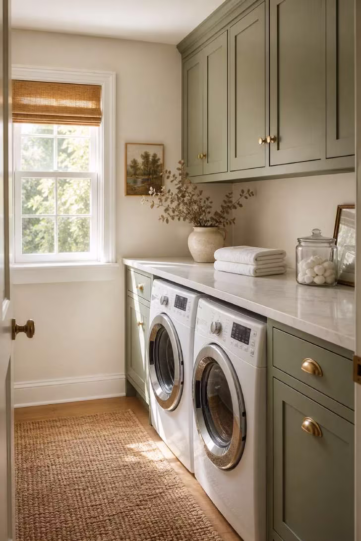 A sage green laundry room with brass hardware, white countertop, and eucalyptus in a ceramic vase