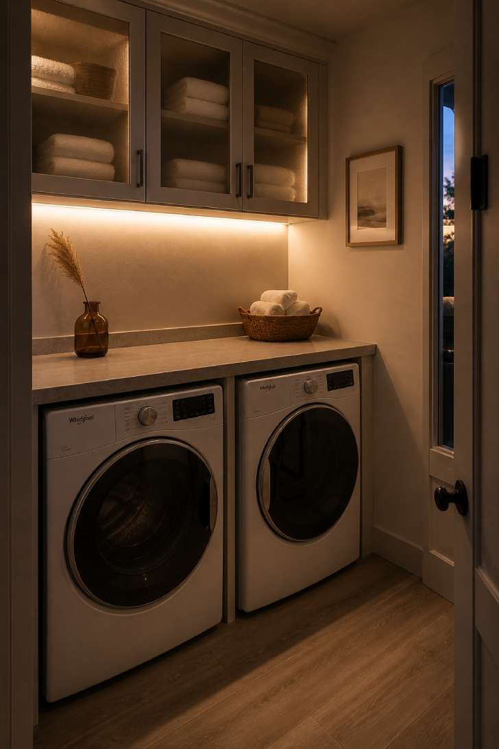 Warm LED strip lighting beneath white cabinets in a small laundry room at dusk with frosted glass cabinet doors