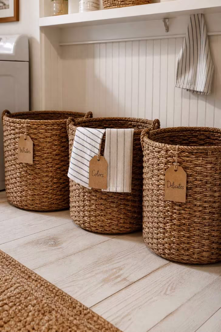 Three labeled woven seagrass baskets for laundry sorting against a white beadboard wall on whitewashed wood floors