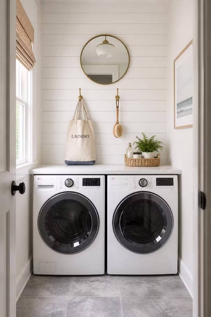 White horizontal shiplap accent wall behind a washer and dryer with brass hooks, a canvas bag, and a round brass mirror