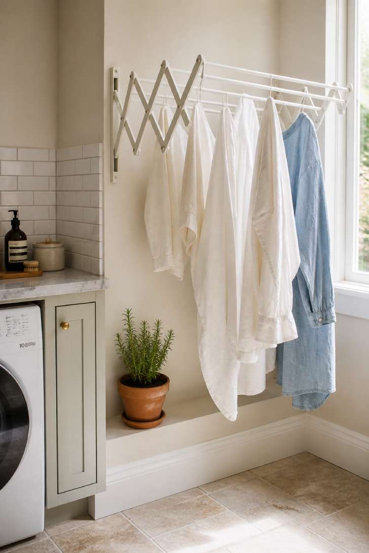 A white wooden accordion drying rack mounted on a wall with hanging garments beside a rosemary plant in terra cotta