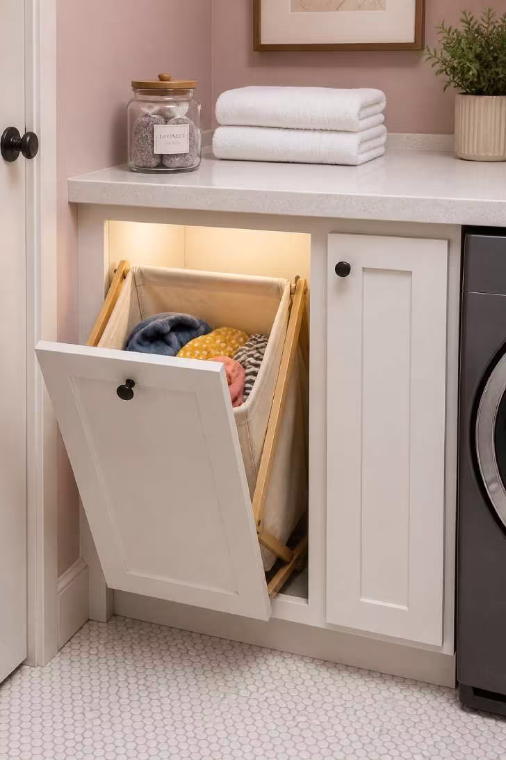 An open white shaker cabinet revealing a tilt-out canvas hamper bag with a quartz countertop above holding lavender sachets