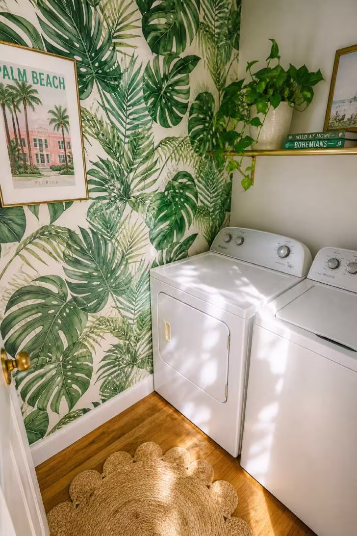 Botanical peel-and-stick wallpaper with monstera leaves on a laundry room wall beside brass shelving with a pothos plant