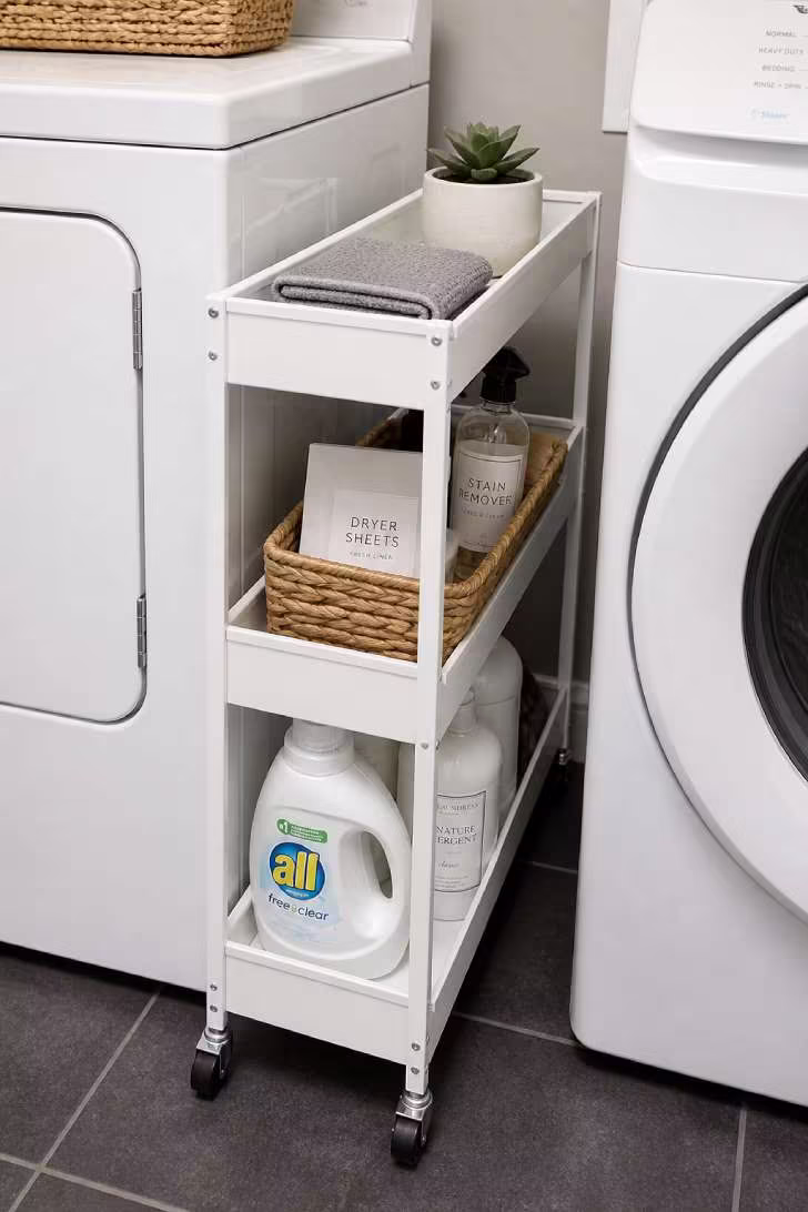 A slim white rolling cart pulled out from between a washer and dryer, holding organized laundry supplies and a small succulent