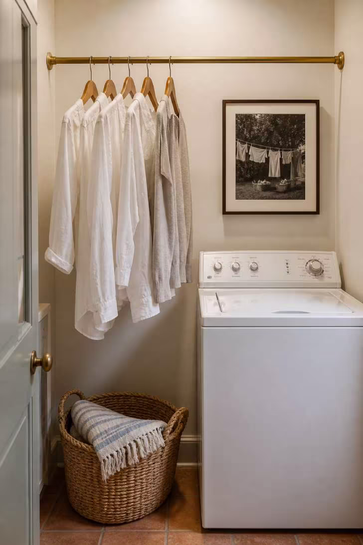 A brass tension rod with wooden hangers holding white shirts above a washing machine with a framed clothesline photograph on the wall