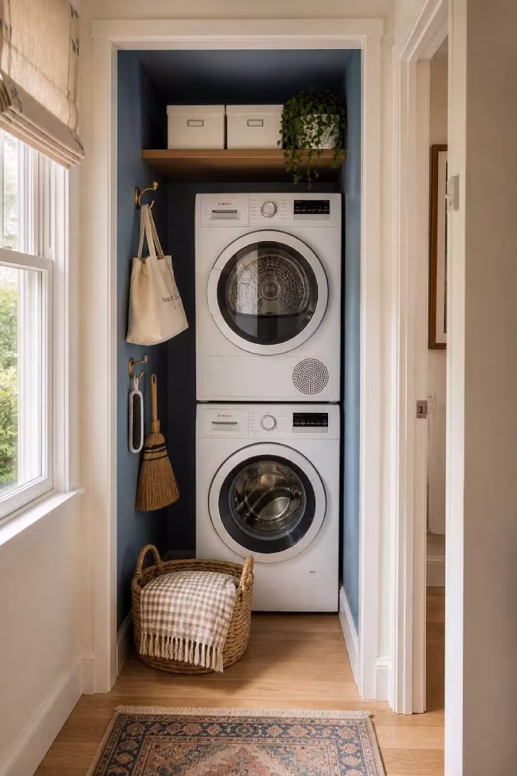 An open laundry closet nook painted dusty blue with stacked machines, brass hooks, ivy, and a gingham throw in a woven basket