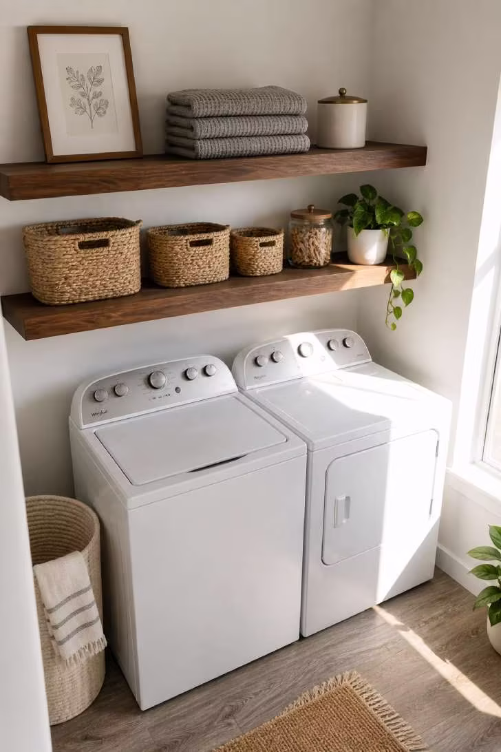 Walnut floating shelves above a washer and dryer with woven baskets, glass jars, and a trailing pothos plant