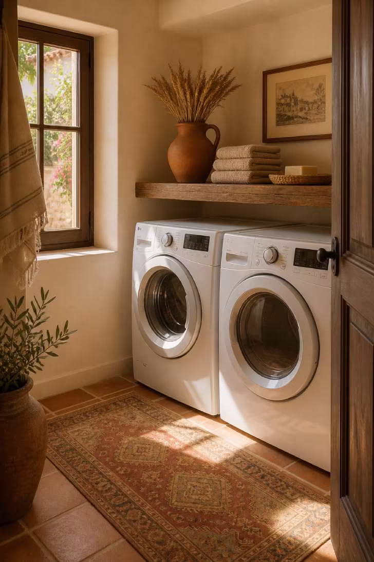 A Mediterranean-inspired laundry room with terracotta tile floor, reclaimed wood shelf, dried wheat, and a vintage Turkish runner