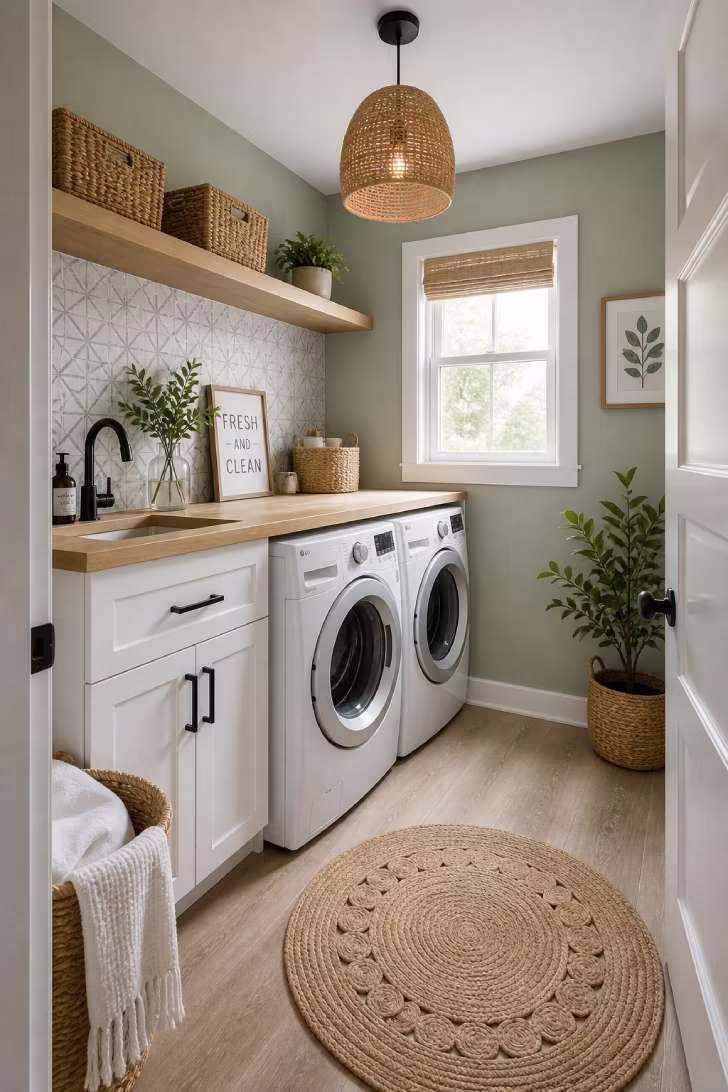 A fully made-over small laundry room with gray-green walls, butcher block counter, peel-and-stick backsplash, woven pendant, and vinyl plank floor