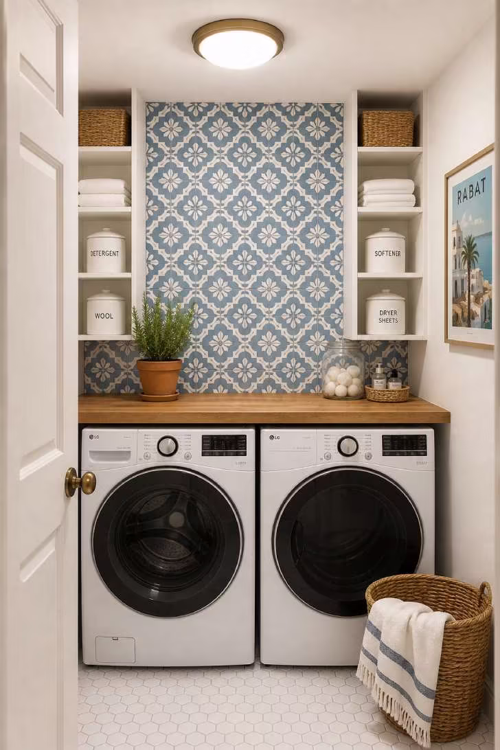 A Moroccan-patterned blue and white peel-and-stick backsplash behind a washer and dryer with butcher block countertop