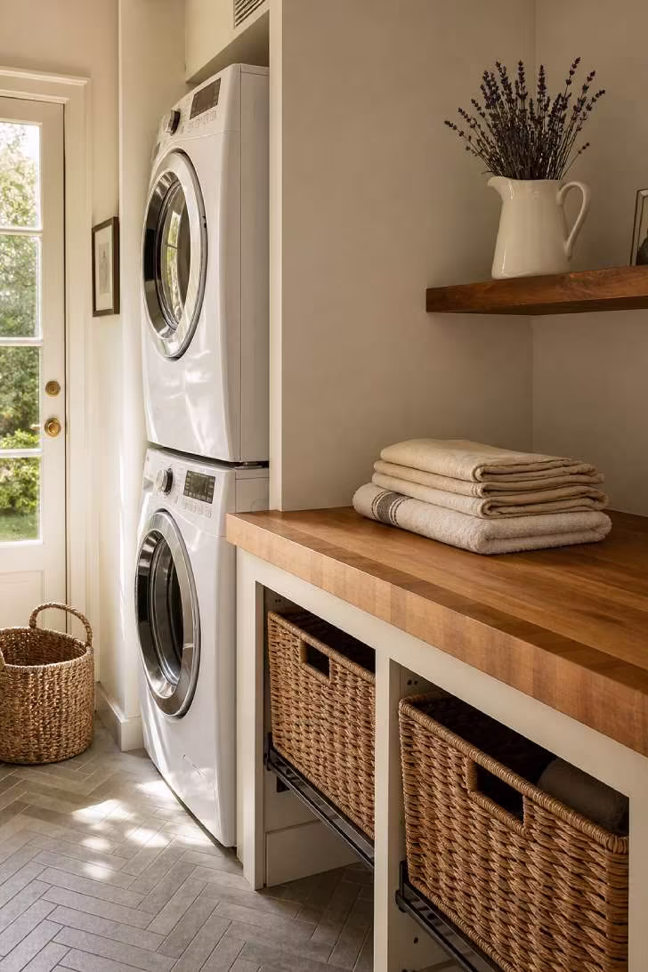 A honey-toned butcher block countertop over a stacked washer and dryer with woven pull-out baskets below