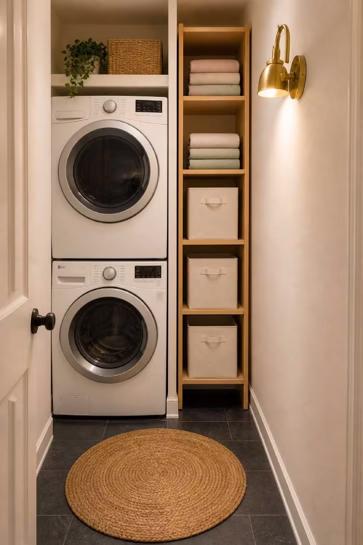 A stacked washer and dryer beside a tall narrow wooden shelving tower with canvas bins and pastel towels