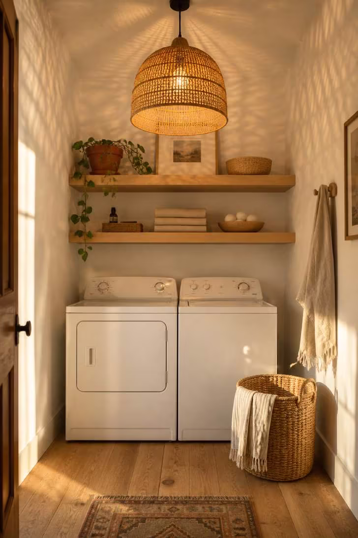 A large woven rattan pendant light casting patterned shadows in a white small laundry room with oak shelves