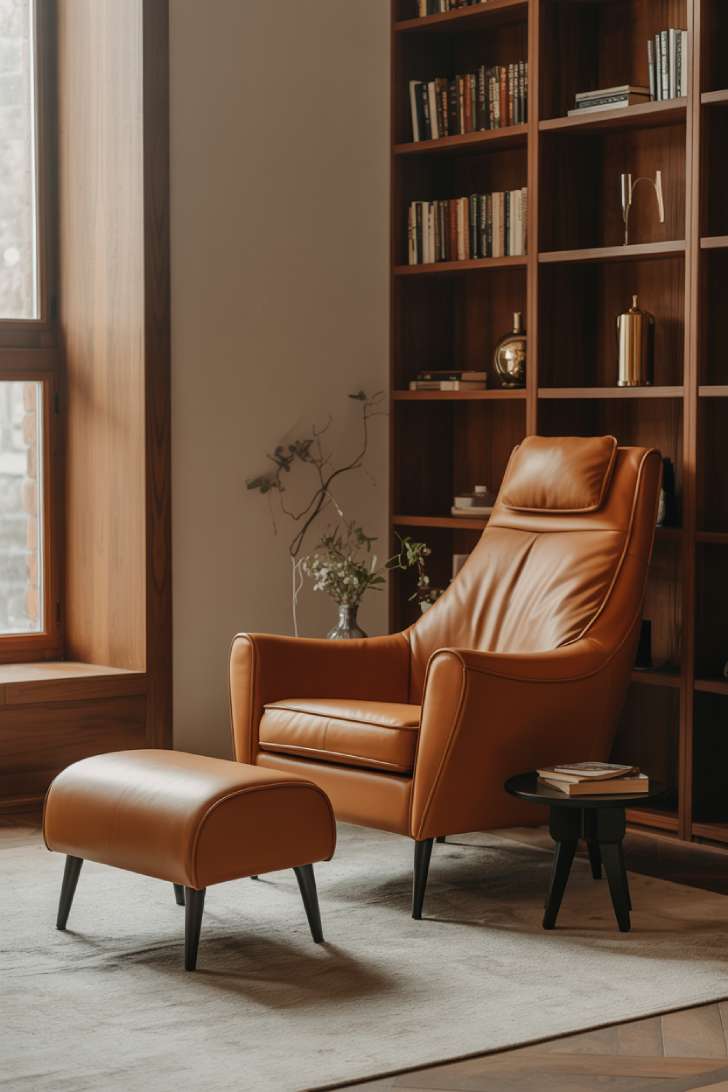 Ergonomic leather reading chair in small home library space