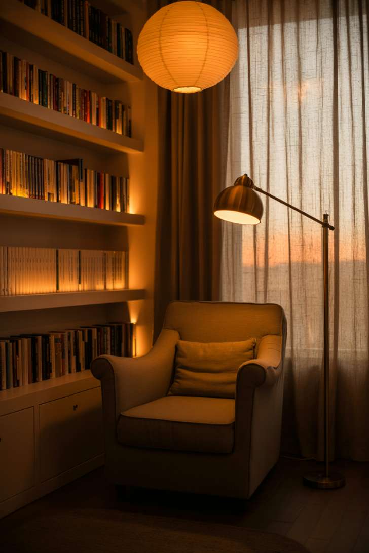 Layered lighting design in cozy home library with multiple warm light sources