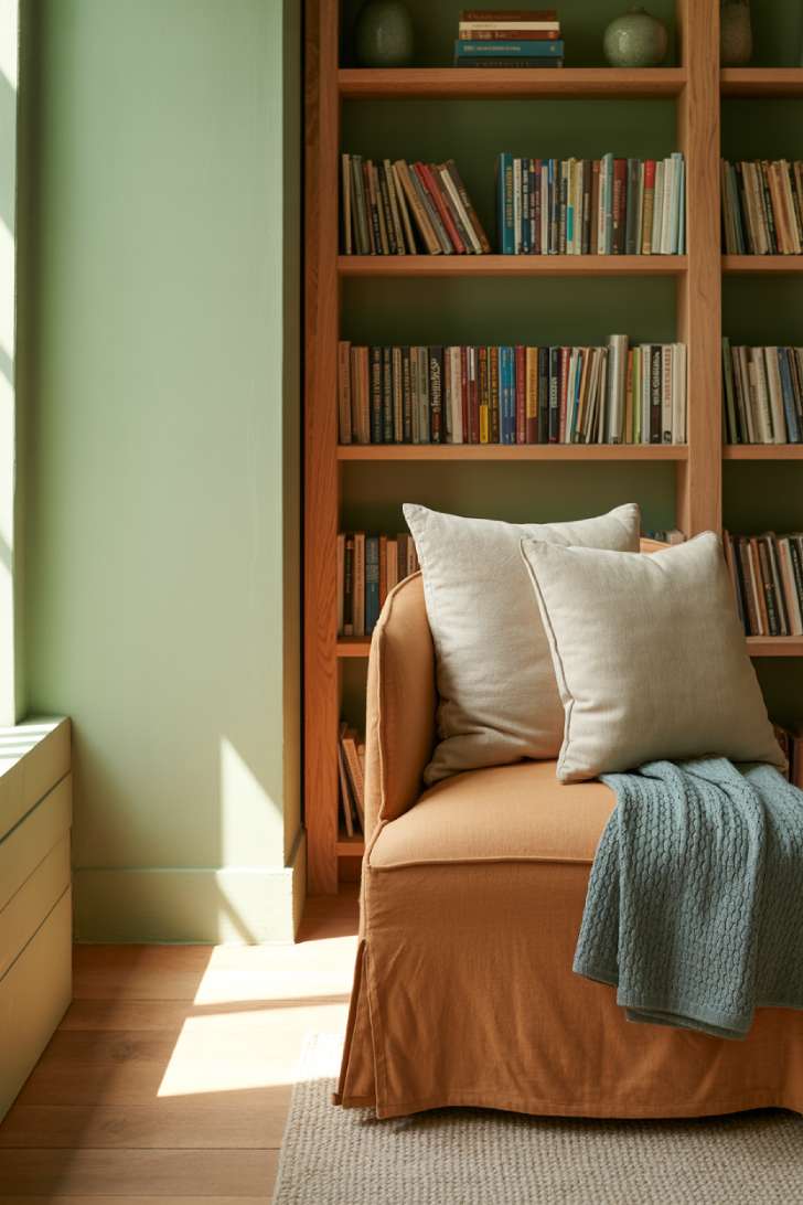 Small library with sage green walls and an earthy color palette