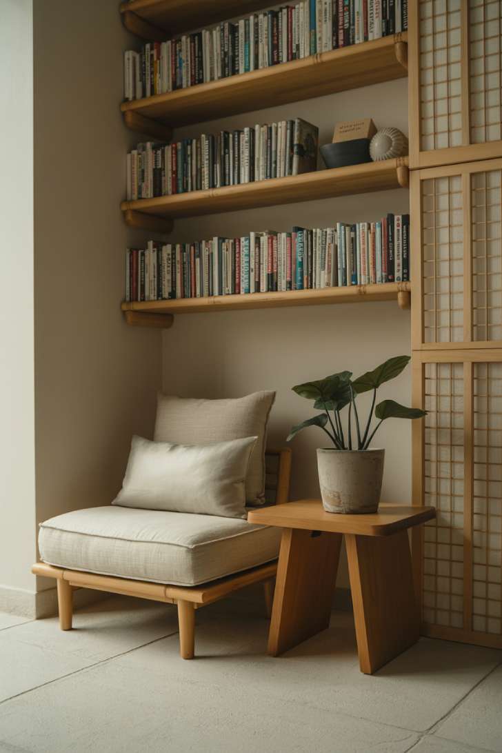 Japandi style small library with bamboo shelves and minimalist furniture