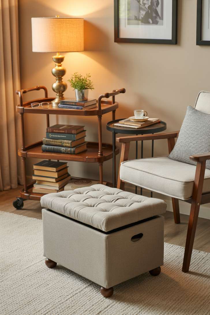 Multifunctional furniture in small home library including storage ottoman and bar cart