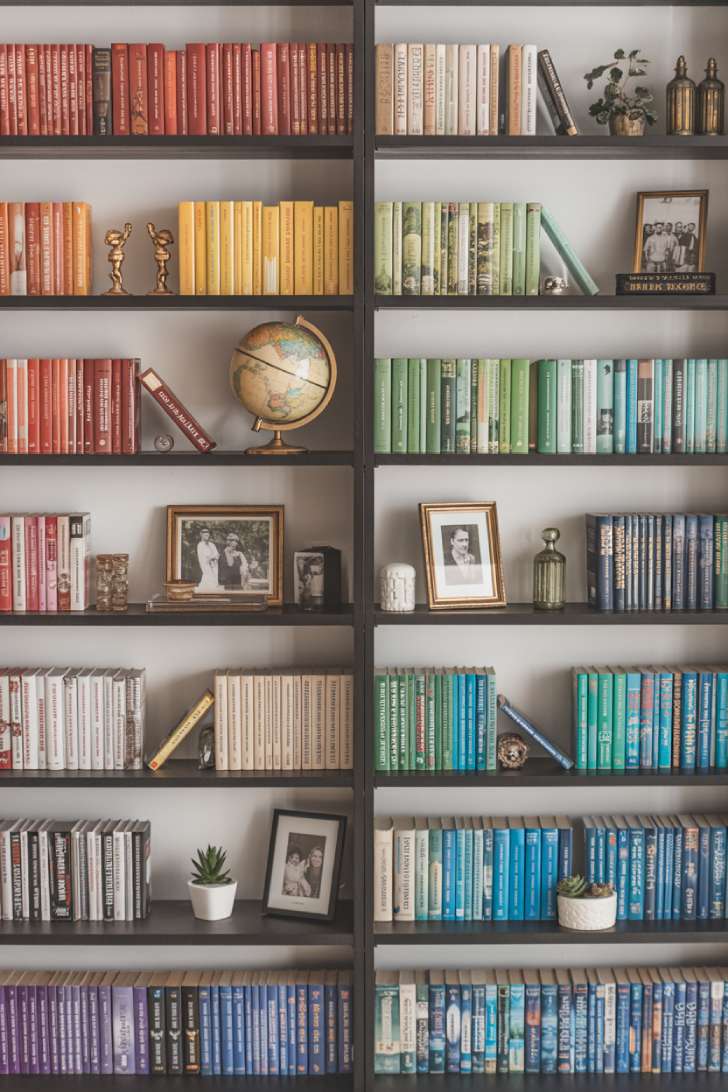 Books organized by color with decorative objects on home library shelves