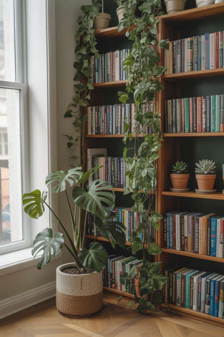 Indoor plants including monstera and trailing ivy, in the home library space