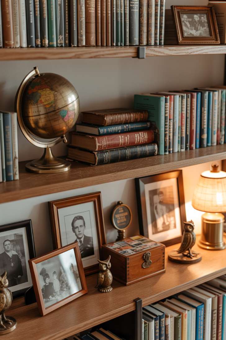 Personal decorative objects and vintage items displayed on home library shelves