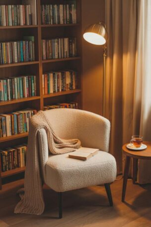 Cozy small library room with a comfortable reading chair and floor-to-ceiling bookshelves