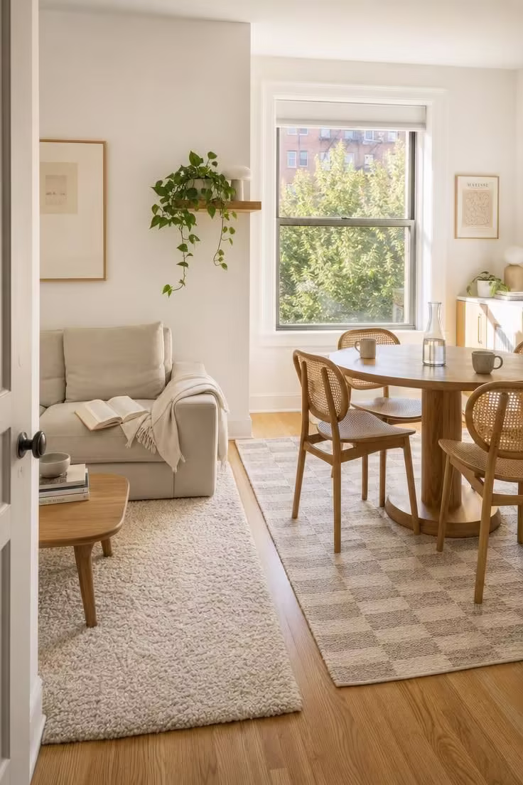 14 Cozy Small Living Room Ideas With Dining Area to Try 1 Small living room with two area rugs separating a loveseat from a round dining table under bright daylight.