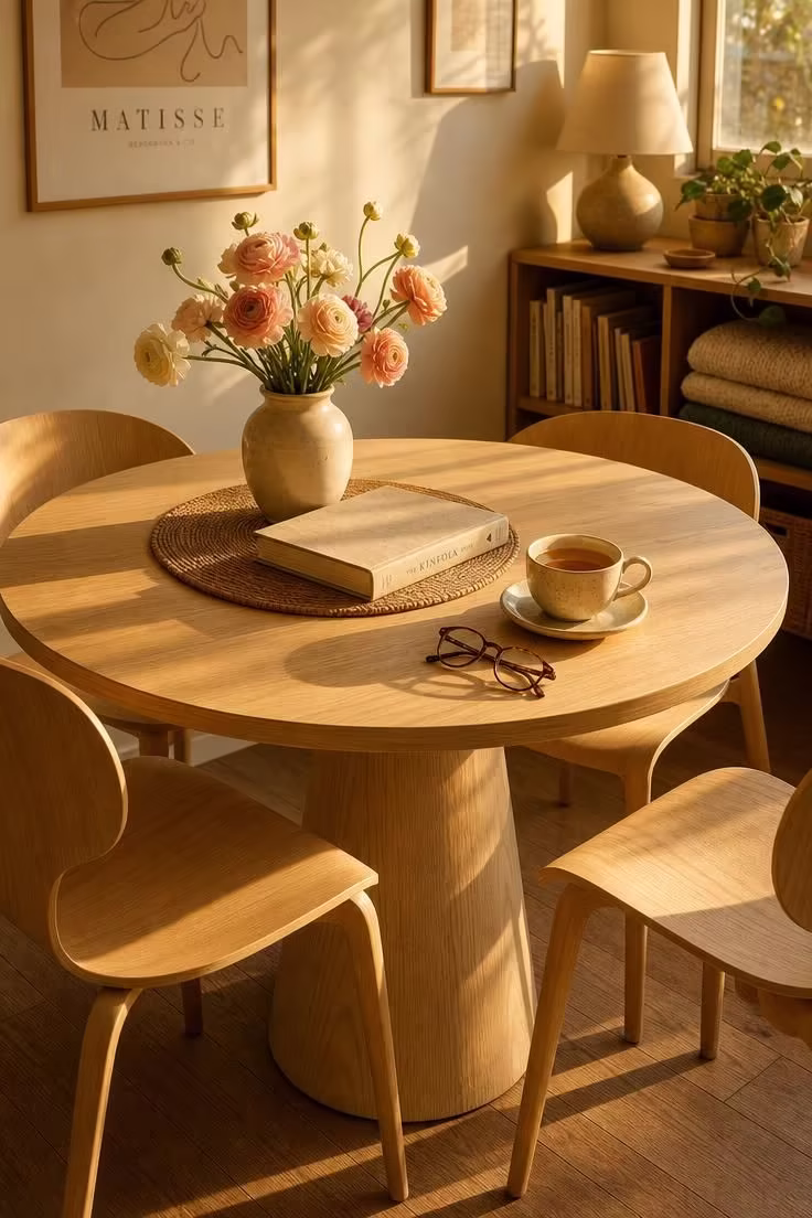 14 Cozy Small Living Room Ideas With Dining Area to Try 3 Round pedestal dining table in a corner lit by warm golden afternoon light.