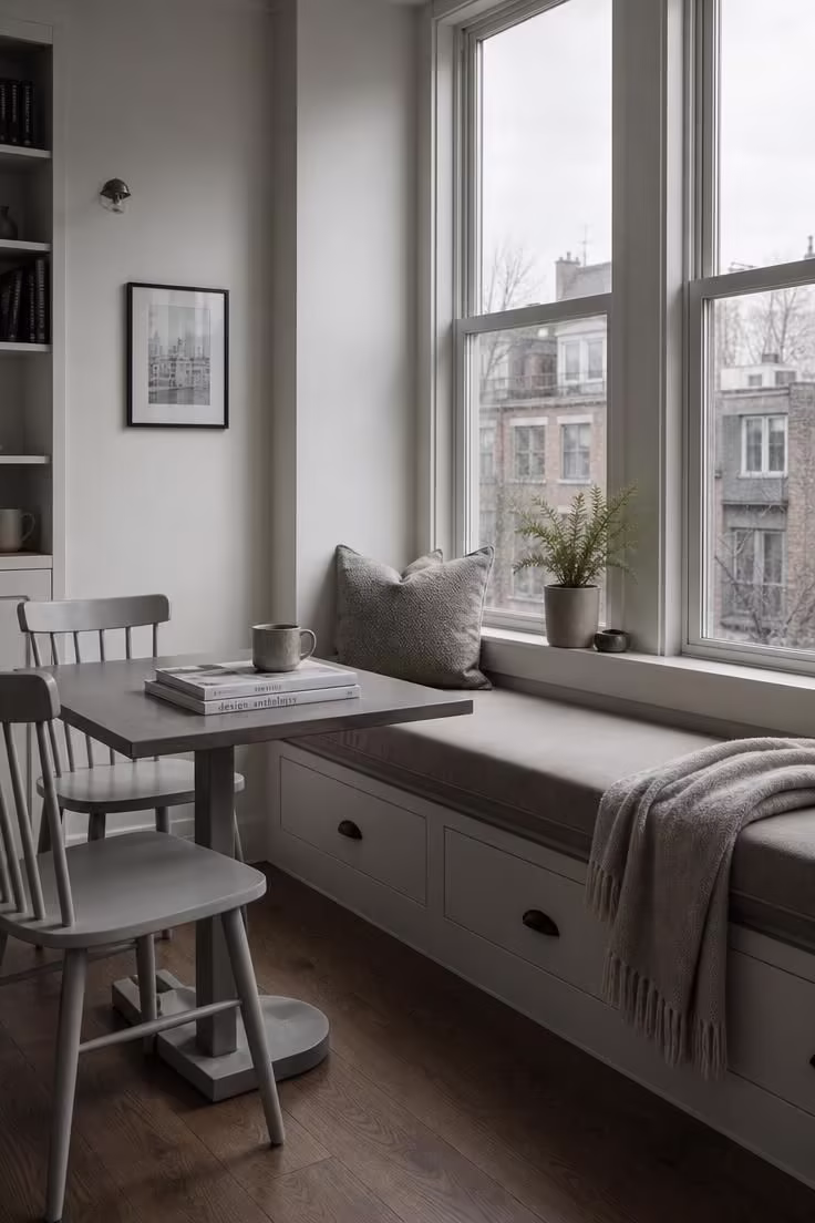 14 Cozy Small Living Room Ideas With Dining Area to Try 4 Upholstered banquette with storage drawers under a window beside a small dining table in cool overcast light.