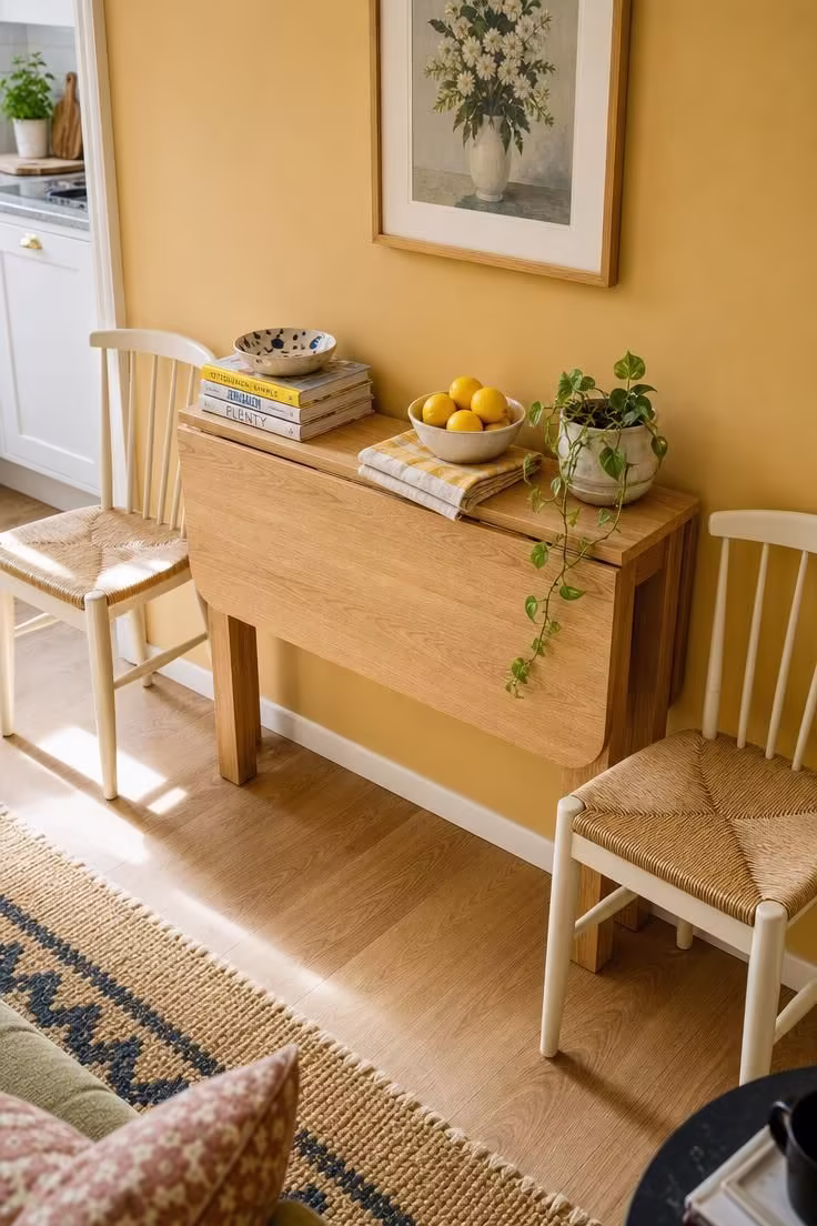 14 Cozy Small Living Room Ideas With Dining Area to Try 5 Drop-leaf table folded flat against a wall as a slim console in bright midday light.
