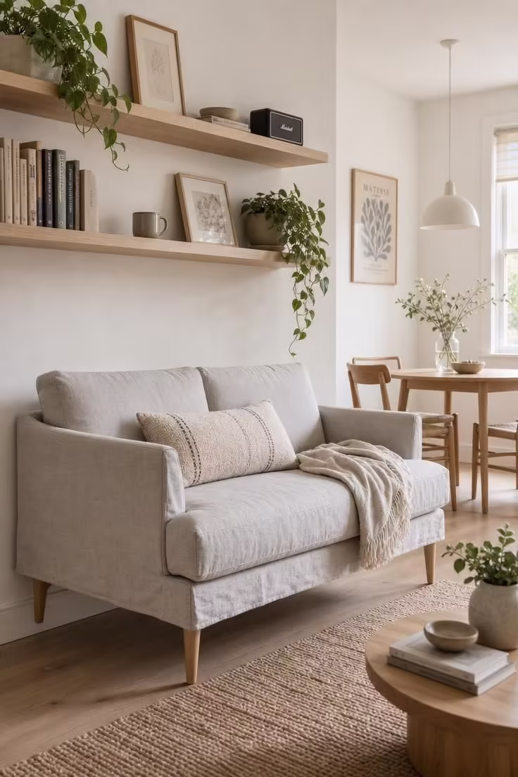 14 Cozy Small Living Room Ideas With Dining Area to Try 6 Leggy loveseat floating in front of floating shelves with a dining table beyond in soft diffused light.