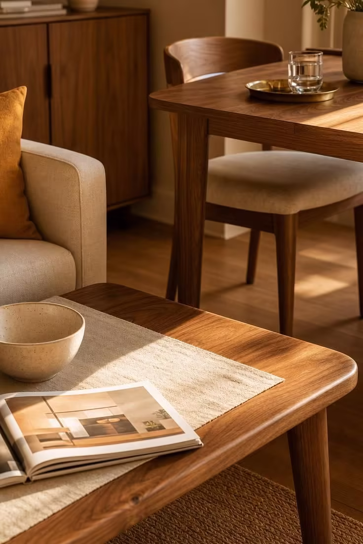 14 Cozy Small Living Room Ideas With Dining Area to Try 7 Matching walnut coffee table and dining table linked by warm golden light in a small shared room.
