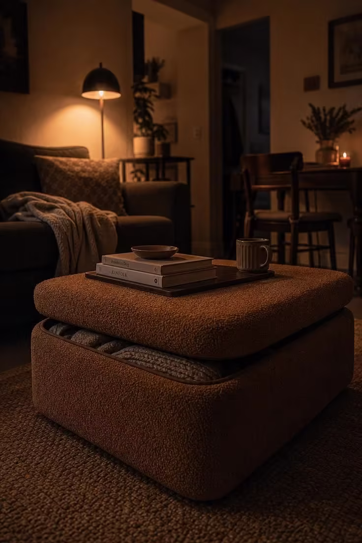 14 Cozy Small Living Room Ideas With Dining Area to Try 8 Tawny storage ottoman used as a coffee table in moody low lamplight.