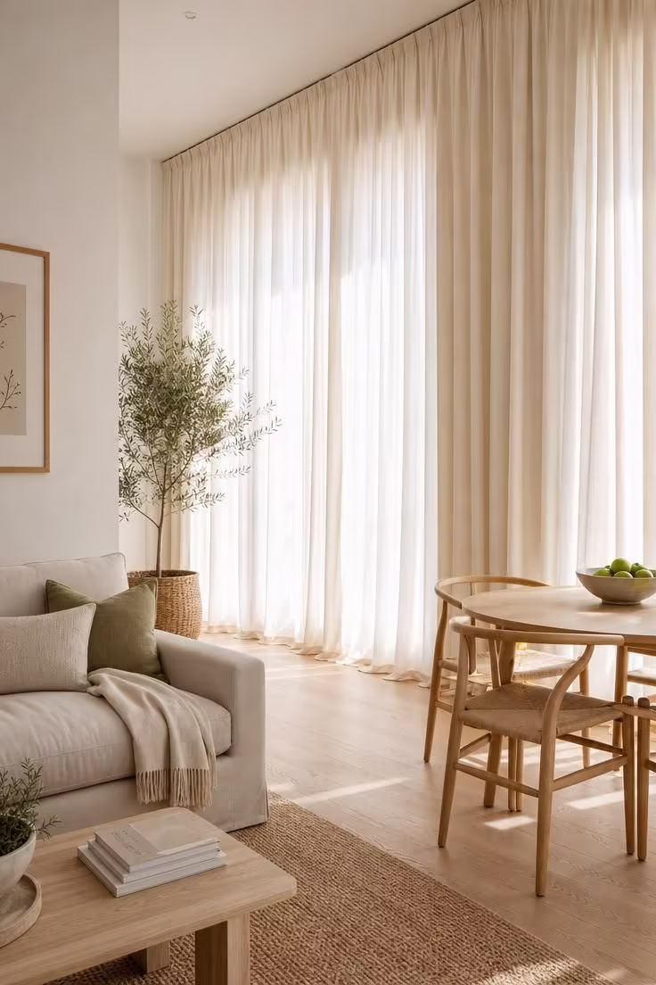 14 Cozy Small Living Room Ideas With Dining Area to Try 9 Floor-to-ceiling cream curtains spanning a living zone and dining zone under bright midday light.